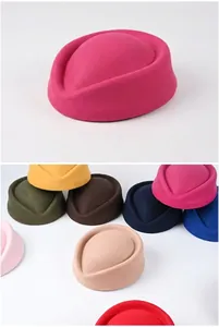 Detailed display of premium wool felt pillbox stewardess hats in various vibrant colors