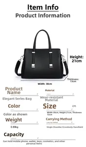 Detail view of a black women's tote bag with dimensions and product specifications.
