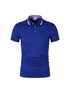 Classic blue men's short-sleeved Polo shirt with red and white striped collar