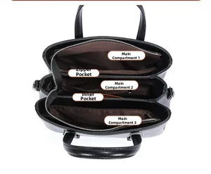 Detailed view of the organized multi-compartment interior of black commuter tote