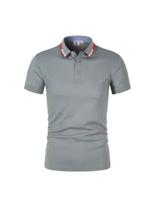 Classic grey men's short sleeve Polo shirt with red and white striped contrast collar