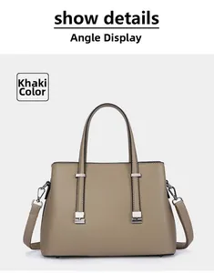 Khaki large capacity office commute leather handbag for women with shoulder strap