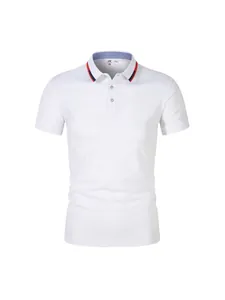 White short sleeve men's Polo shirt with contrast striped collar detail.
