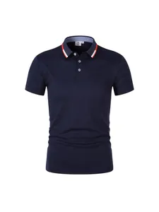 Men's classic solid navy blue polo shirt with striped collar detail for summer