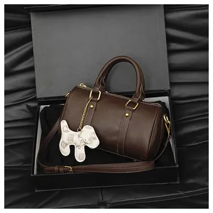 Brown Boston pillow handbag in a luxury gift box with cute dog charm