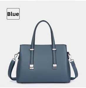 Elegant blue faux leather handbag for women's office commuting with silver hardware