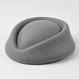 Elegant gray wool felt stewardess pillbox hat for formal events and performances