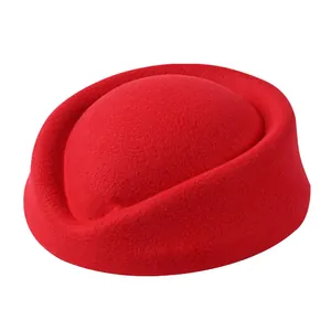 Elegant red wool felt stewardess pillbox hat for formal events and stage performances.