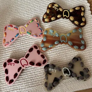 Y2K Sweet Cool Acetate Bow Hair Clip Handmade Contrast Stitching Rhinestone Duckbill Clip Summer Bangs Hairpin Headwear For Women
