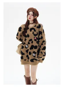 Oversized leopard print mohair sweater with decorative metal badges for a retro style
