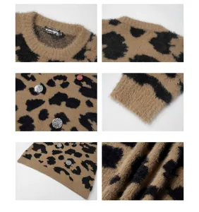 Macro detail of high street mohair leopard print sweater with vintage metal badges