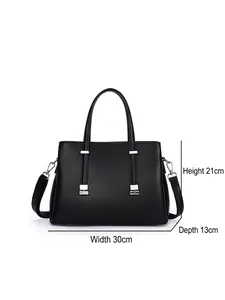 Elegant black faux leather tote bag for women featuring silver hardware and dimensions