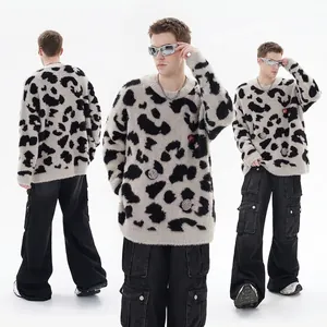 Vintage oversized leopard print mohair sweater with metallic badges and crewneck