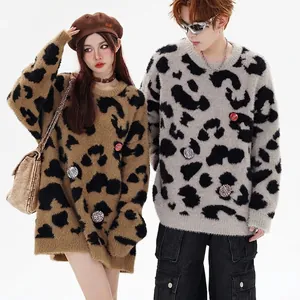 Oversized vintage leopard print mohair sweater with metal badges and crewneck fit