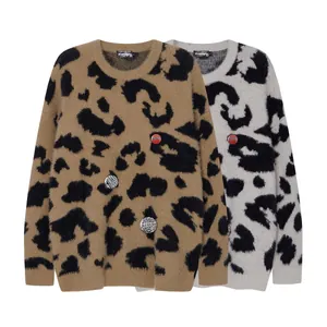 BLUREMO oversized leopard print mohair sweater with metal badge details in brown and gray