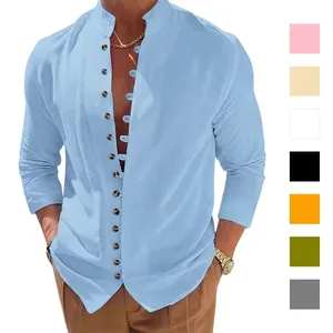 Men's Vintage Cotton Blend Long Sleeve Shirt Casual Loose Fit Solid Color Henley Collar Breathable Vacation Top For Men
