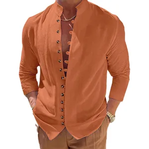 Vintage orange cotton linen casual loose fit long sleeve shirt for men's fashion