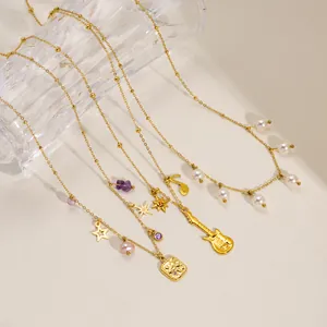 Gold-plated personalized necklaces with guitar star and pearl pendants for women