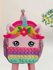 Kids unicorn pop fidget backpack featuring rainbow silicone sensory toy and shiny fabric
