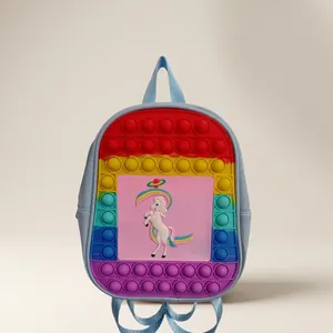 Detailed view of rainbow unicorn pop it fidget toy silicone backpack for kids