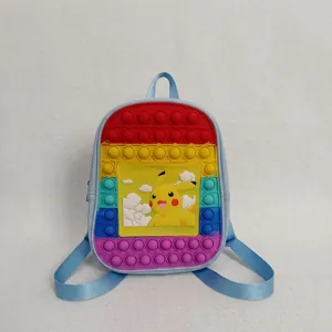 Colorful rainbow pop-it sensory fidget backpack for kids featuring yellow Pikachu design