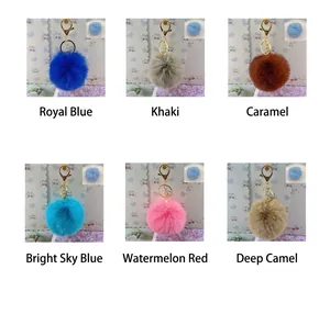 A detailed view of soft faux fur ball keychains in six different vibrant color options