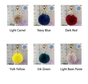 Detailed view of 8CM soft faux rabbit fur pompom keychains in six vibrant color options