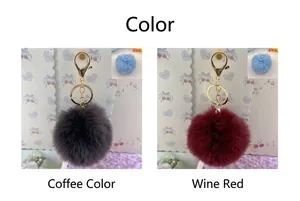 High-quality 8cm plush faux fur pom pom keychains shown in coffee and wine red colors
