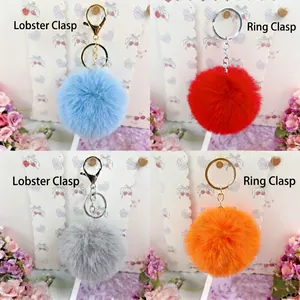 8cm faux rabbit fur ball keychain with golden lobster clasp and silver ring bag charm