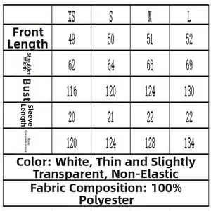 Detailed size chart for white embroidered puff sleeve blouse with fabric info