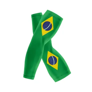 Detailed view of green ice silk cooling arm sleeves with Brazil flag print.