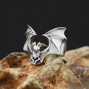 Vintage stainless steel bat wing ring for men with punk gothic halloween aesthetic