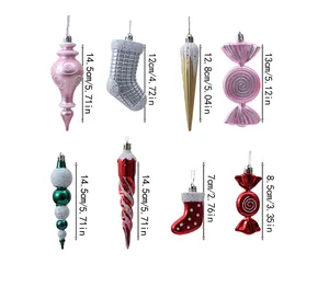Detailed size specifications for pink, red, and silver festive Christmas tree ornaments