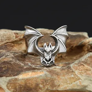 Vintage gothic punk stainless steel bat ring for men Halloween jewelry accessory