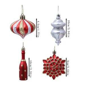 Detailed view of 4 festive Christmas tree ornaments with size dimensions in cm and inches