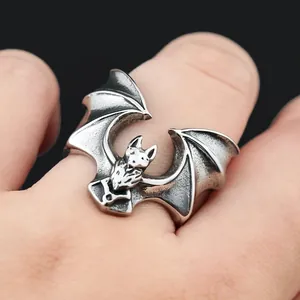 Detailed view of a vintage gothic bat-shaped stainless steel ring for men and women
