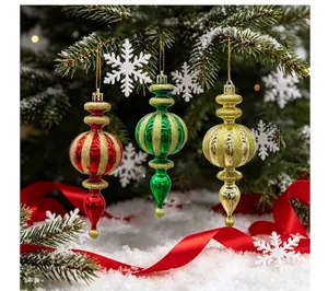 Festive Christmas tree drop ornaments with glitter stripes in red green and gold