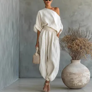 Elegant Women One Shoulder Loose Top And Lantern Pants Two Piece Washed PU Solid Color Casual Outfits Office Lady Wear