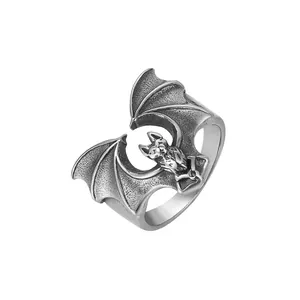 Retro gothic bat stainless steel ring with antique silver finish punk style jewelry