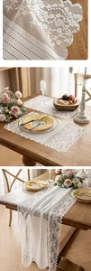 Macro detail of elegant white hollow lace table runner and matching placemat set