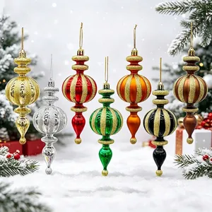 Christmas Painted Finial Ornaments Plastic Glitter Stripe Tree Hanging Pendants For Festive Party Home Holiday Decor