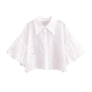 White embroidered puff sleeve crop shirt with delicate eyelet lace pattern