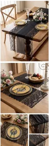 Detailed close-up of elegant French black lace table runner and matching placemat