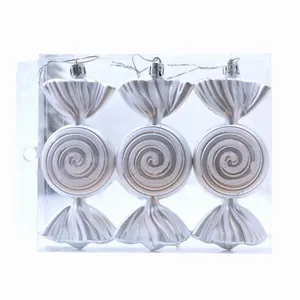 Set of three pearlescent silver candy-shaped Christmas tree hanging ornaments in a clear box