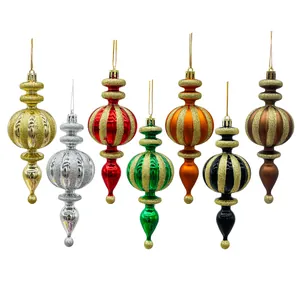 Set of 7 colorful finial Christmas ornaments with gold glitter stripes for holiday decor