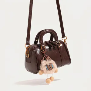 Retro PU Leather Boston Bag For Women Plush Pendant Shoulder Handbag Small Pillow Crossbody Bag Chic Street Style Tote