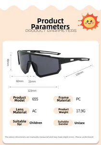 Specifiche tecniche dettagliate per occhiali da sole sportivi UV400 per bambini.
