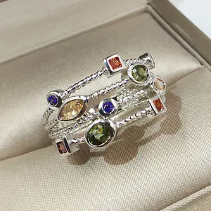 Women Fashion Multilayer Twisted Rope Ring Platinum Plated Copper Colorful Zirconia Inlaid Geometric Band Jewelry For Lady
