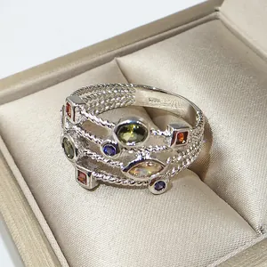 Elegant white gold plated ring featuring a vibrant array of multi-color zircon stones.