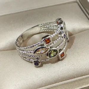 Multi-row twisted silver plated copper ring with various colorful cubic zirconia stones